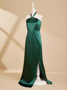 Vestido de satén con cuello halter y bajo asimétrico, cintura ceñida para niñas, vestido elegante de niña de las flores para bodas, fiestas, Navidad, Halloween, graduación - Verde - Ver 3