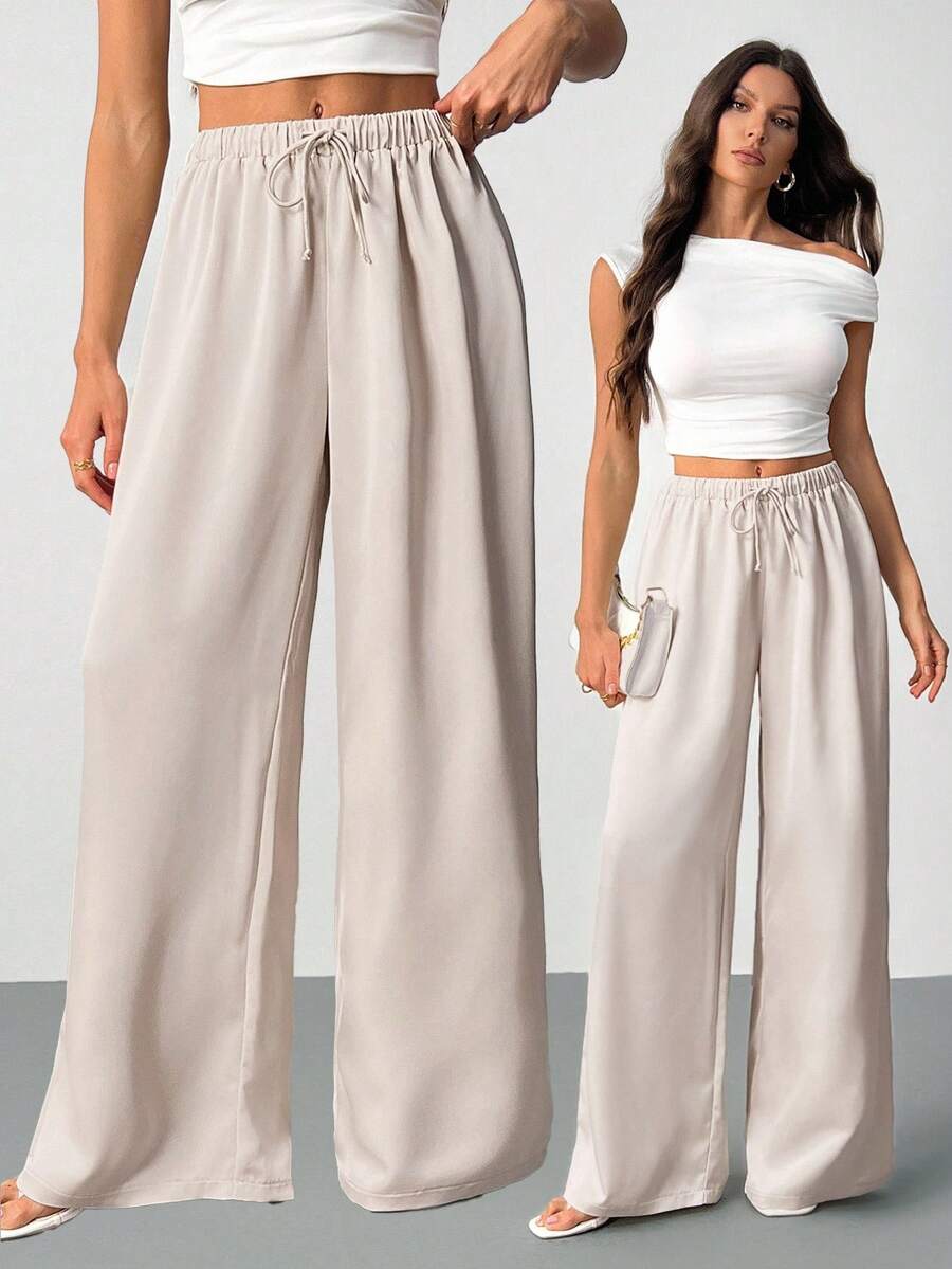 SHEIN Tall Quần ống rộng ống rộng buộc eo màu trơn cho nữ, quần mặc mùa thu, quần sang trọng cho nữ, tiệc cưới, quần dài bằng vải satin, hiệu ứng bóng, giản dị và thoải mái. đi chơi - Màu be - Xem 1