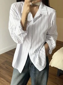 DAZY 女式休闲不对称下摆翻领长袖条纹衬衫，秋季 - 白色 - 查看 3