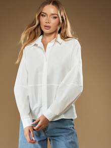 MISSGUIDED 棉质超大号纽扣衬衫，筒袖，宽松版型，适合休闲办公室穿着 - 白色 - 查看 5