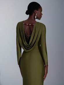 Elitara 优雅、浪漫、性感、时尚、灰绿色、针织弹力面料、鱼尾下摆、拖尾、影响者、节日、度假、生日派对、婚礼活动、伴娘礼服 - 綠色 - 查看 4