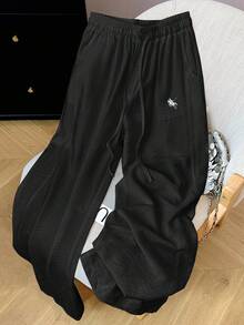 Jouncy 女式抽绳腰带骑士印花口袋宽腿宽松常规裤 - 黑色 - 查看 4