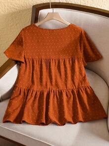 Rusticease Áo cánh rộng tay ngắn cổ tròn bèo nhún màu trơn cỡ lớn cho nữ, phong cách Boho cho nữ/mùa hè, trang phục phương Tây cho nữ, phụ nữ đi nghỉ - Rỉ Nâu - Xem 2