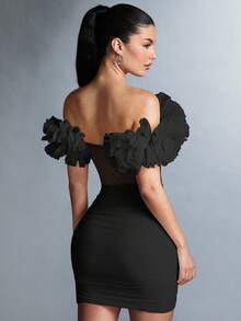 SHEIN BAE Của phụ nữ Màu thuần Off Shoulder Lưới Viền Ruffle Váy quấn - màu đen - Xem 2