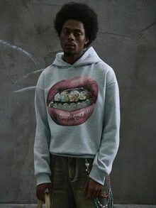 Manfinity ZONE917 Men Inlaid Rhinestone Teeth Mouth Print Grey Relaxed-Fit Thermal Lined Hoodie, For Fall Winter, Long Sleeve Top - Light Grey - View 5