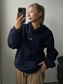 DAZY 标语图案落肩抽绳保暖内衬连帽衫你绝对独一无二爱自己坚强发现更好的一面保持冷静成长尝试新事物，长袖上衣，秋季女装运动衫 - 藏蓝色 - 查看 5