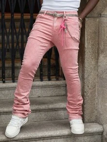 ROMWE MEN Street Life 男士休闲水洗修身水钻装饰牛仔裤 - 粉色 - 查看 7