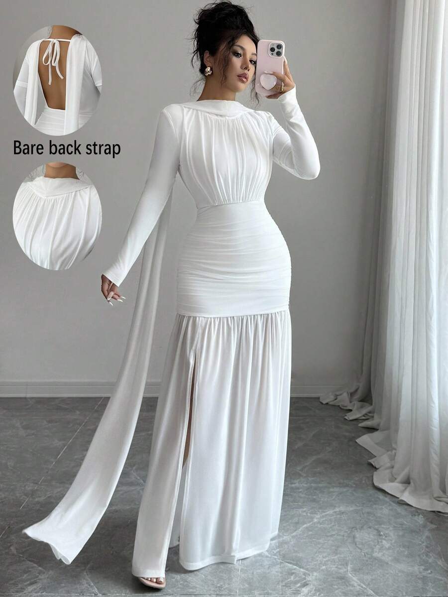 Rafferiza Váy dài tay xẻ tà hở lưng, dây buộc kiểu Pháp lãng mạn tối giản dành cho nữ, mùa thu