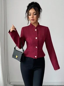 SHEIN Elenzya 优雅女士立领夹克，收腰，单排扣，精致粗花呢设计 - 紅色 - 查看 1