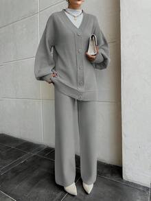 EURMUSE Women Drop Shoulder Button Front Cardigan And Sweater Pant 2 Pieces Outfit Set Co-Ords - Grey - View 5