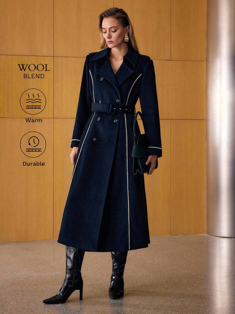 ELEGANT PEARL DECOR WOOL LONG OVERCOAT WITH BELT, AUTUMN/WINTER