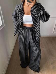 Livesso Bộ 2 món áo len cardigan kẻ sọc công sở rộng rãi, thoải mái cho nữ và quần ống rộng, phù hợp cho mùa thu đông - màu đen - Xem 4