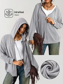 SHEIN LUNE Plus Size Drop Shoulder Drawstring Sweatshirt For Spring & Fall, Travel Airport Winter Jacket Winter Fall Grey Top, Chic Zip Up Sweatshirt, Country Look Going Out Tops Going Out Winter - Grey - View 1