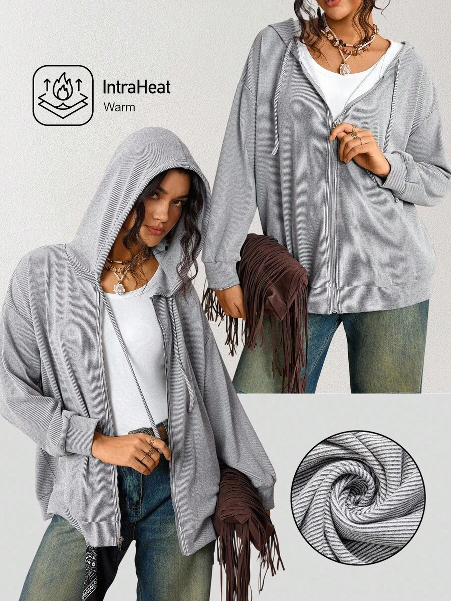 SHEIN LUNE Plus Size Drop Shoulder Drawstring Sweatshirt For Spring & Fall, Travel Airport Winter Jacket Winter Fall Grey Top, Chic Zip Up Sweatshirt, Country Look Going Out Tops Going Out Winter - Grey - View 1