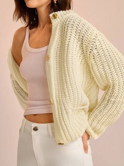 CAJUNI Women's Solid Color Hollow Out Long Sleeve Single-Breasted Casual Pocket Knitted Cardigan, Autumn