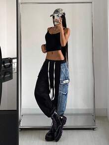 Jeanoix 女士休闲宽松阔腿系带腰拼接牛仔裤 - 彩色 - 查看 4