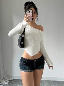 SHEIN Unity Sexy Asymmetrical Shoulder Women's Sweater,Long Sleeve Tops, Knit Pullover Fall Winter - White - View 5