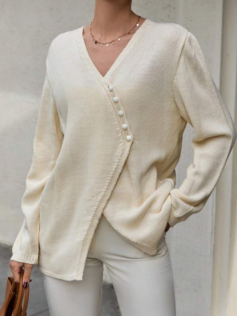 CLARA VERO Casual Baggy Asymmetrical Asymmetric Button Cardigan Sweater For Women, Unique Knitted Top For Autumn/Winter,Long Cardigans Woman,Petite Cardigans,Cardigans - White - View 1