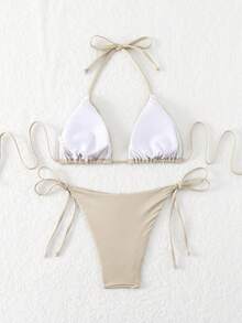 Swim Basics Summer Beach Women's Solid Color Triangle Cup Halter Neck Tie Side Bikini Set Wedding - Beige - View 3