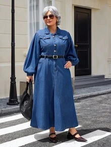 EMERY ROSE Plus Size Women Navy Blue Fashionable Slim Fit Denim Dress - Dark Wash - View 5