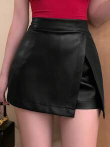 DAZY 女士纯色侧开衩短裤，四季皮短裤 - 黑色 - 查看 5