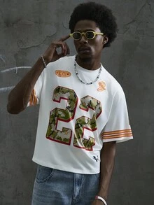 Manfinity ZONE917 Street Fashion Colorblock Number 22 Print Boxy Oversized Short T-Shirt Men's Cropped Tops, 22 Jersey Shirt, Jerseys For Men Y2k, Men Oversized Crop Printed - White - View 4