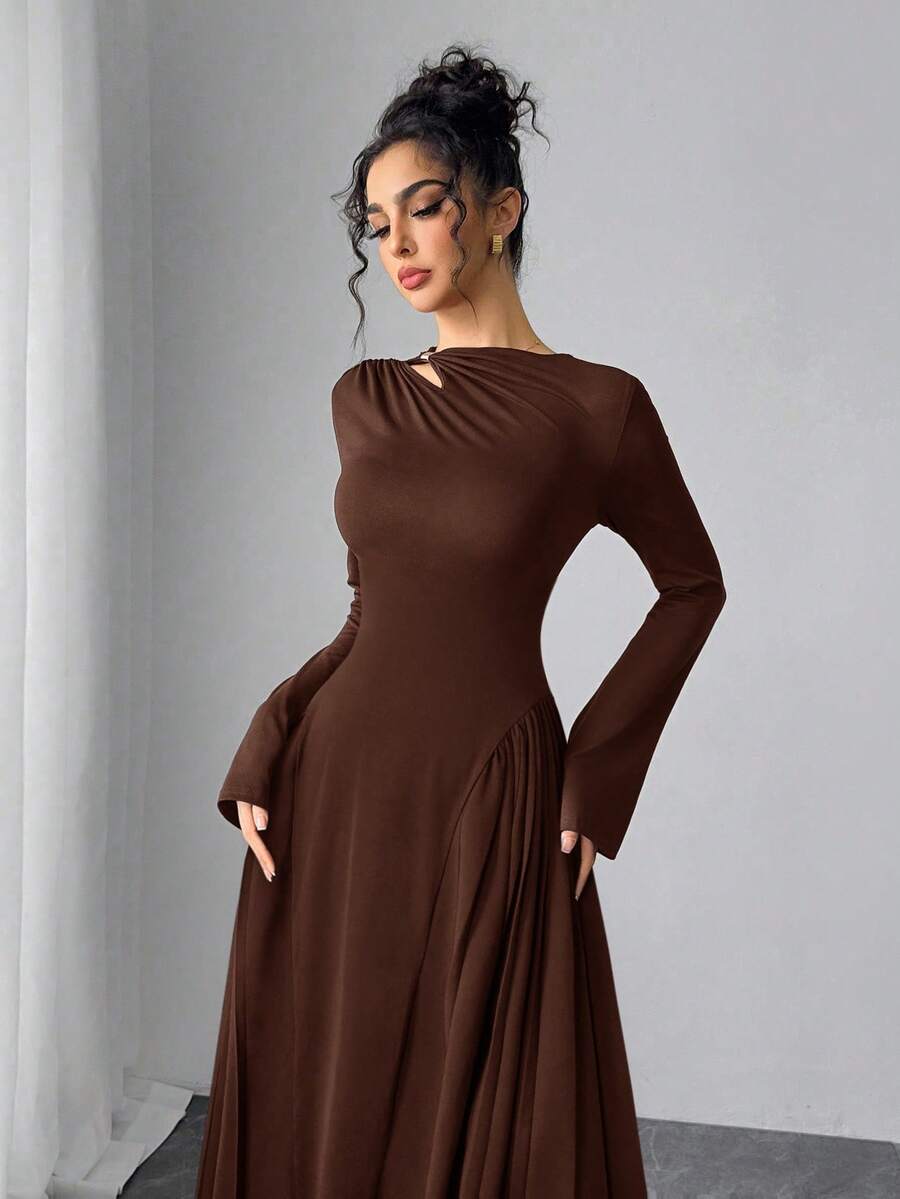 Modelyn 女士优雅孔雀蓝褶饰喇叭裙 - 咖啡棕 - 查看 1