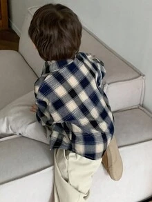 DAZY 幼儿男童宽松休闲格子长袖衬衫，自然风格，秋季 - 藍色 - 查看 4