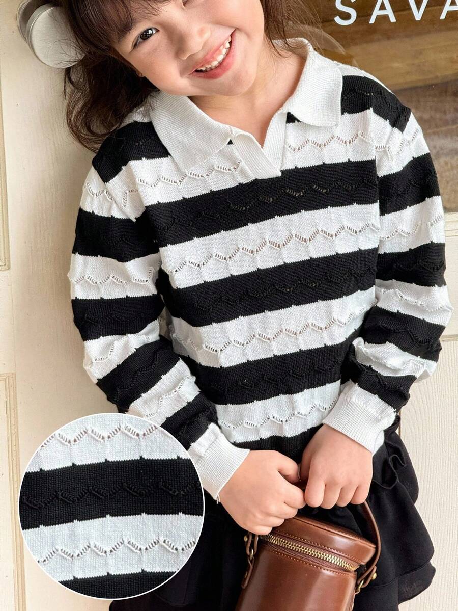 SHEIN 女童休闲黑白条纹长袖毛衣，黑白条纹衫，可爱印花上衣，适合秋冬季穿着 - 黑與白 - 查看 1