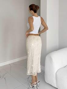 Siren Gaze 女士花卉亮片优雅半身裙，适合派对和聚会场合 - 杏色 - 查看 4