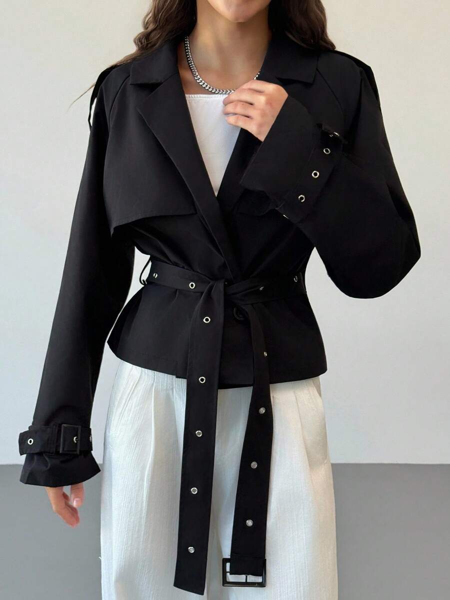 Aloruh 女式纯色翻领长袖孔眼腰带设计休闲风衣，秋季 - 黑色 - 查看 1