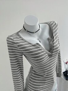 Elamini Áo thun cổ tròn tay dài ôm sát, vải sọc đen trắng, không cổ, khóa kéo nửa, cài nút, thiết kế tối giản, phong cách đường phố thường ngày, trang phục cổ điển, đa năng cho phụ nữ vào mùa xuân/thu - Xám - Xem 5