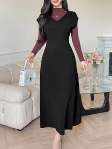 DAZY Women's Elegant V-Neck Solid Color Knitted Dress, High-End, Autumn/Winter Sweater Dress - Black - View 3
