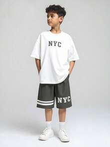 SHEIN Explorewe 2 pièces/Set T-shirt et short décontractés tout-aller pour garçons, avec imprimé lettrage, style lâche et polyvalent, pour l'été