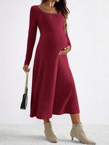 SHEIN 孕妇纯色方领长袖罗纹优雅连衣裙 - 紅色 - 查看 5