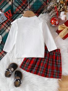 SHEIN Christmas Baby Girl Outfit 2pcs Baby Girl Spring/Autumn Knitted White Long Sleeve Top + Red Plaid Skirt Set Fall Winter - Multicolor - View 2