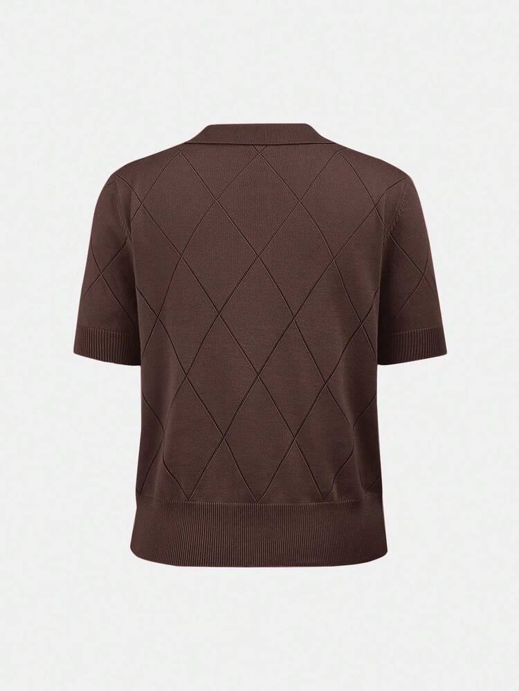 SHEIN BIZwear Maglione in maglia di diamanti con colletto alla polo color cammello, elegante e alla moda per l'ufficio e il tempo libero, stile romantico versatile adatto per occasioni formali, feste, matrimoni, concerti, brunch, aeroporto, Festa Nazionale, Capodanno, Natale, Ognissanti - Caffè Marrone - Visualizzare 8