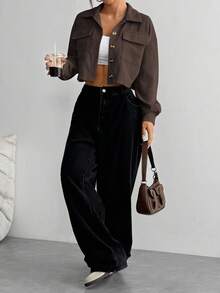 Flirla Petite 女士休闲纯色短款夹克，秋季 - 咖啡棕 - 查看 3