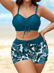 Swim Lushoire Bộ đồ bơi 2 mảnh cỡ lớn - Màu trơn & họa tiết nhiệt đới, dây rút ngực, dây đeo vai có thể điều chỉnh, quần short rút cạp cao, trang phục giải trí thanh lịch cho kỳ nghỉ bãi biển - màu đen - Xem 5