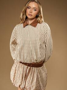 MISSGUIDED Cotton Vintage Style Checked Bomber Jacket With Brown Corduroy Collar Balloon Sleeve Fall Winter Fashion Casual Outerwear Lightweight Classic Retro