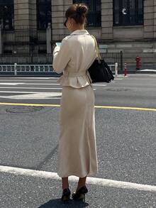 DAZY Women's Autumn Lapel NeckLong Sleeve Double-Breasted Jacket And Fish Tail Midi Skirt Elegant 2 Pieces Set - Khaki - View 5