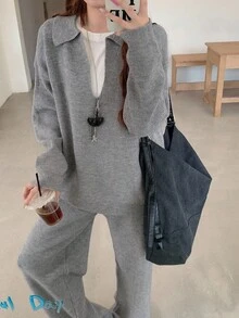 DAZY Setelan Kasual 2 Potong Wanita Warna Polos Lengan Panjang Model Bahu Longgar dan Celana Rajut, Musim Gugur - Grey - View 7