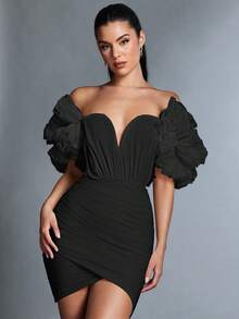 SHEIN BAE Của phụ nữ Màu thuần Off Shoulder Lưới Viền Ruffle Váy quấn - màu đen - Xem 8