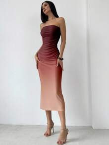 Aloruh 秋冬女士性感露肩中长款修身渐变酒红色连衣裙，优雅适合约会、派对、婚礼、舞会和俱乐部活动 - 白色 - 查看 5