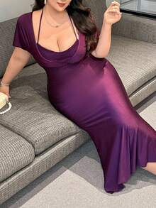 Flirla Plus Size 2 In 1 Halter Lace Short Sleeve Cinched Waist Mermaid Dress - Purple - View 6