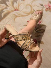 CUCCOO TILAWA Women's Glamorous Summer Gold Glitter Rhinestone Embellished High Heel Slide Sandals - Gold - View 6