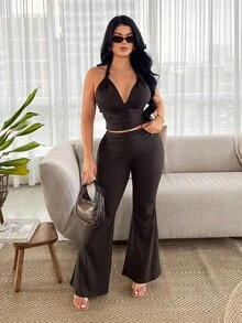 SHEIN SXY 2件套休闲天蓝色吊带上衣和裤子套装 - 咖啡棕 - 查看 5
