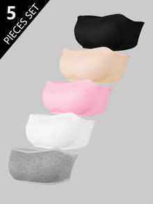 5pcs/Set Girls' Ribbed Minimalist Sweet Basic Crop Top Bralette Underwear Cute Tube Tops Ribbed Tube Top Fall Winter - Multicolor - View 1