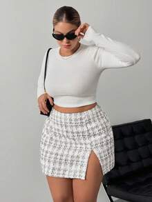 SHEIN PETITE CURVE 大码女式开衩下摆休闲舒适迷你裙，适合身材较矮的人 - 彩色 - 查看 6