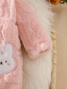 Newborn Baby Pink Rabbit Ear Hooded Romper, Soft Plush Jumpsuit Outfit For Infant, Cute & Comfortable For Home, Outings, Parties, 0-9 Months Fall Winter - Pink - View 4